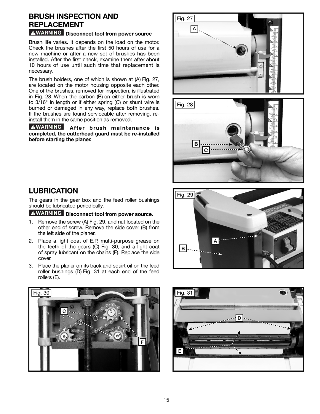 Delta TP305 instruction manual Brush Inspection Replacement, Lubrication 