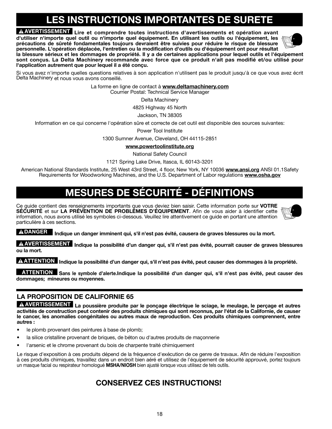 Delta TP305 LES Instructions Importantes DE Surete, Mesures DE Sécurité Définitions, Conservez CES Instructions 