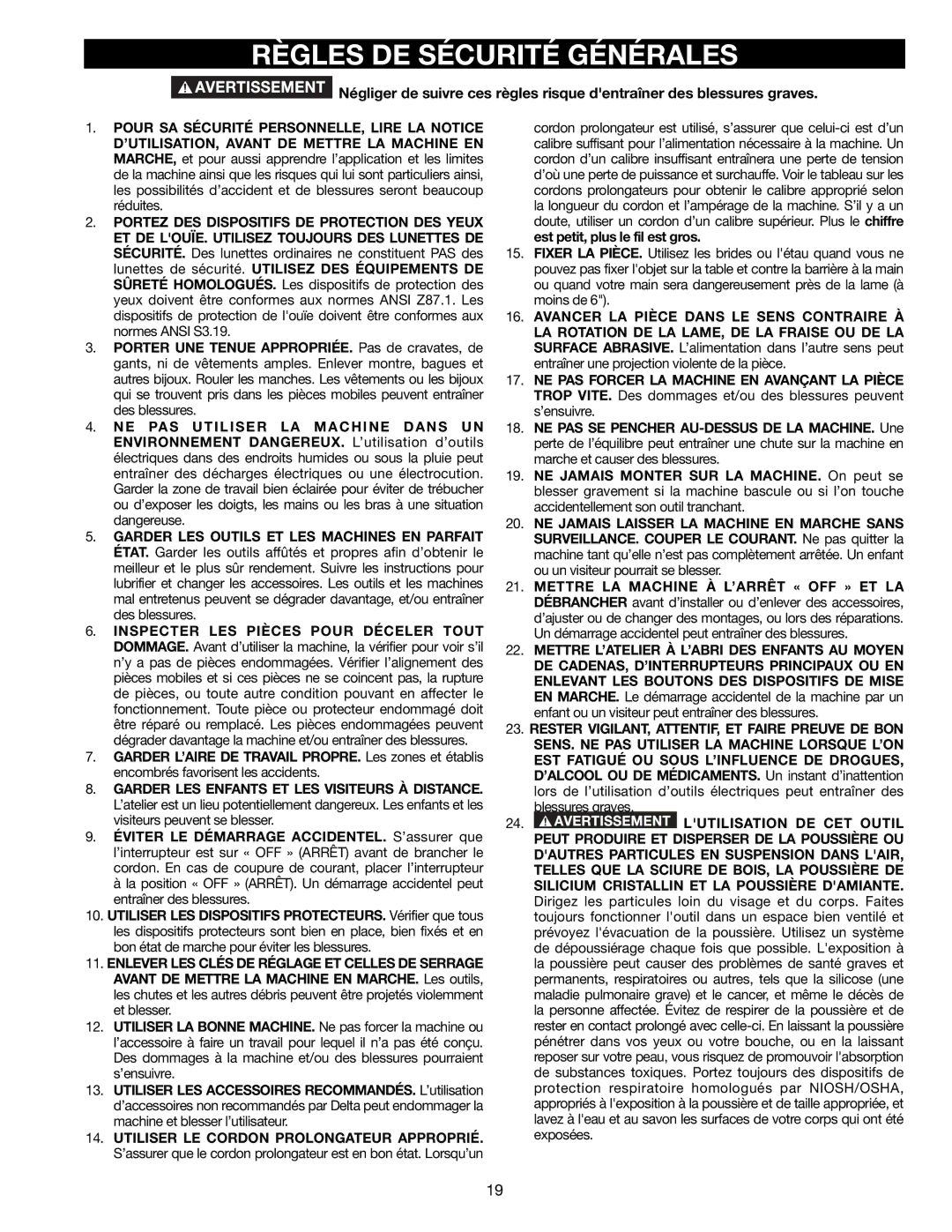 Delta TP305 instruction manual Règles DE Sécurité Générales, Lutilisation DE CET Outil 