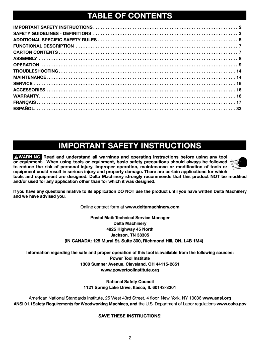 Delta TP305 instruction manual Table of Contents, Important Safety Instructions 