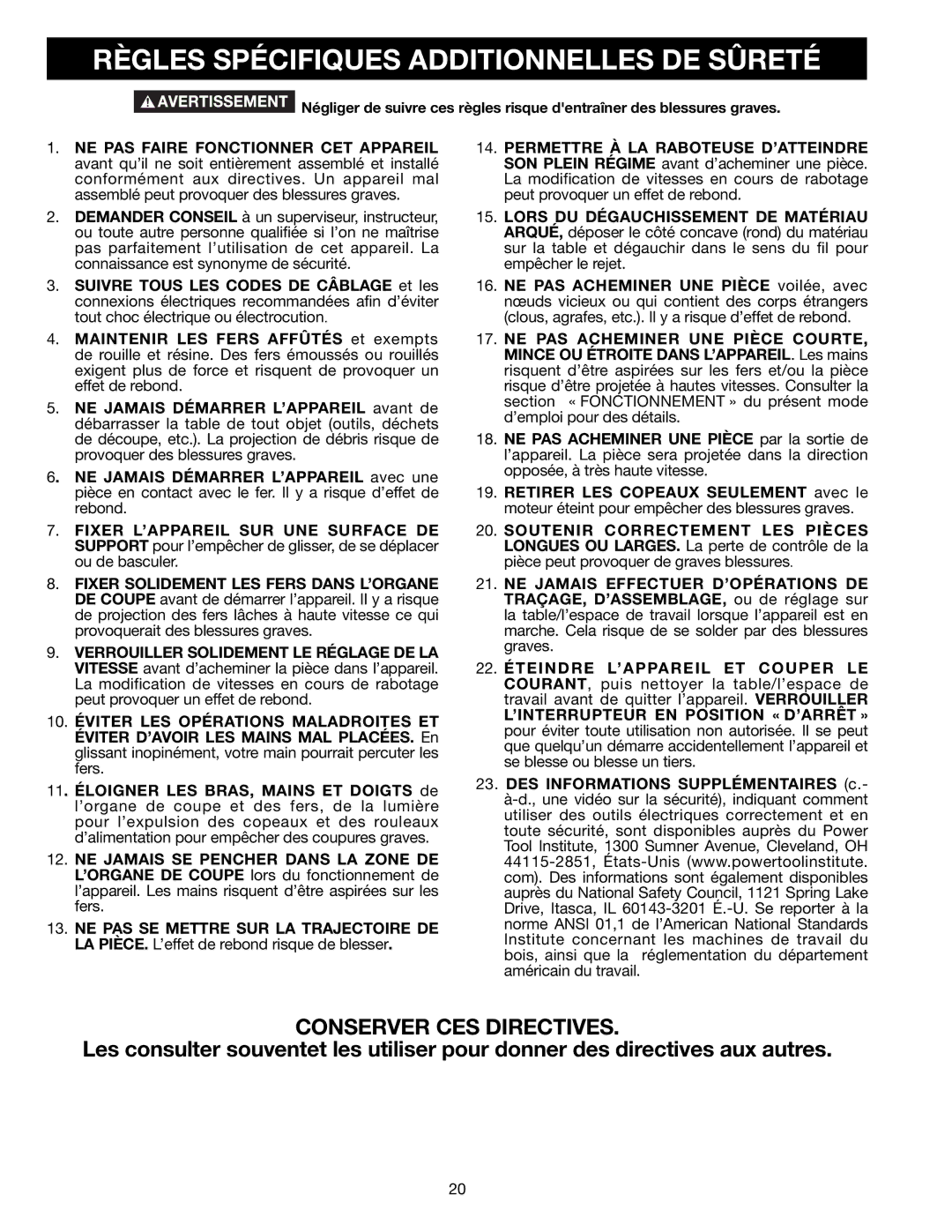 Delta TP305 instruction manual Règles Spécifiques Additionnelles DE Sûreté, Conserver CES Directives 