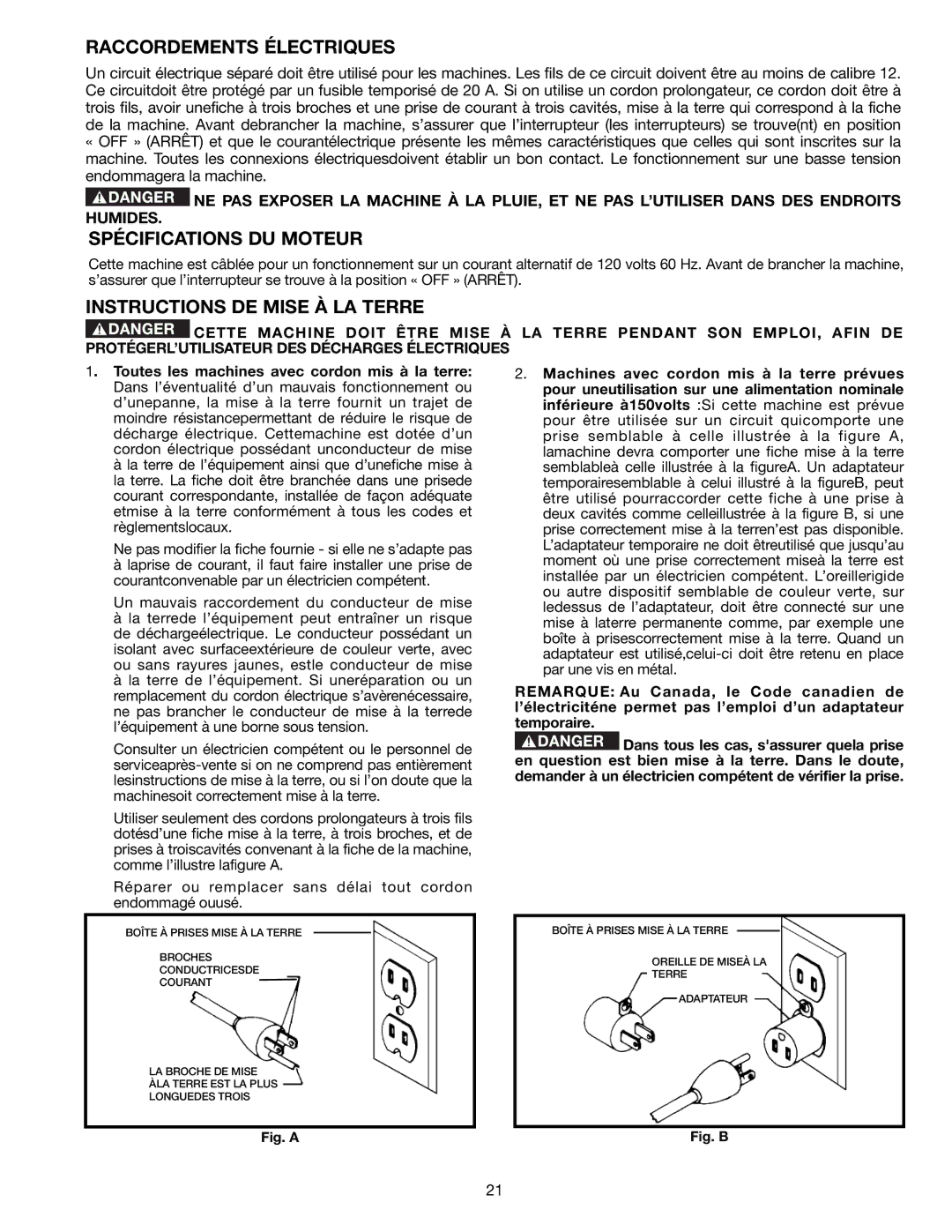 Delta TP305 instruction manual Raccordements Électriques, Spécifications DU Moteur, Instructions DE Mise À LA Terre 