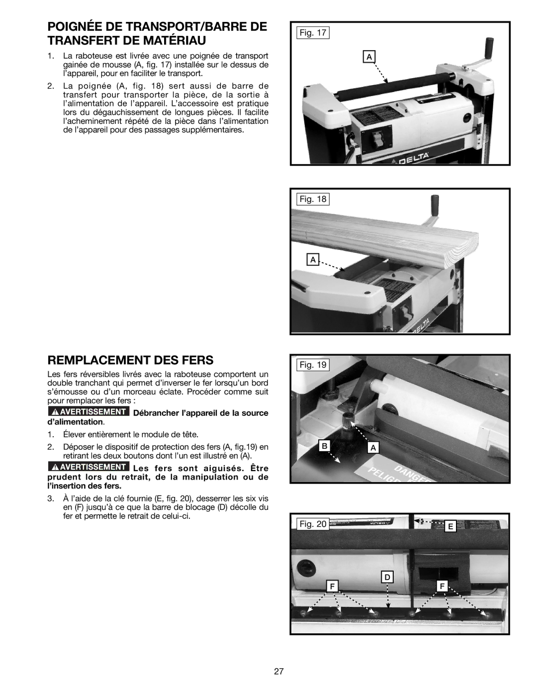 Delta TP305 instruction manual Poignée DE TRANSPORT/BARRE DE Transfert DE Matériau, Remplacement DES Fers 