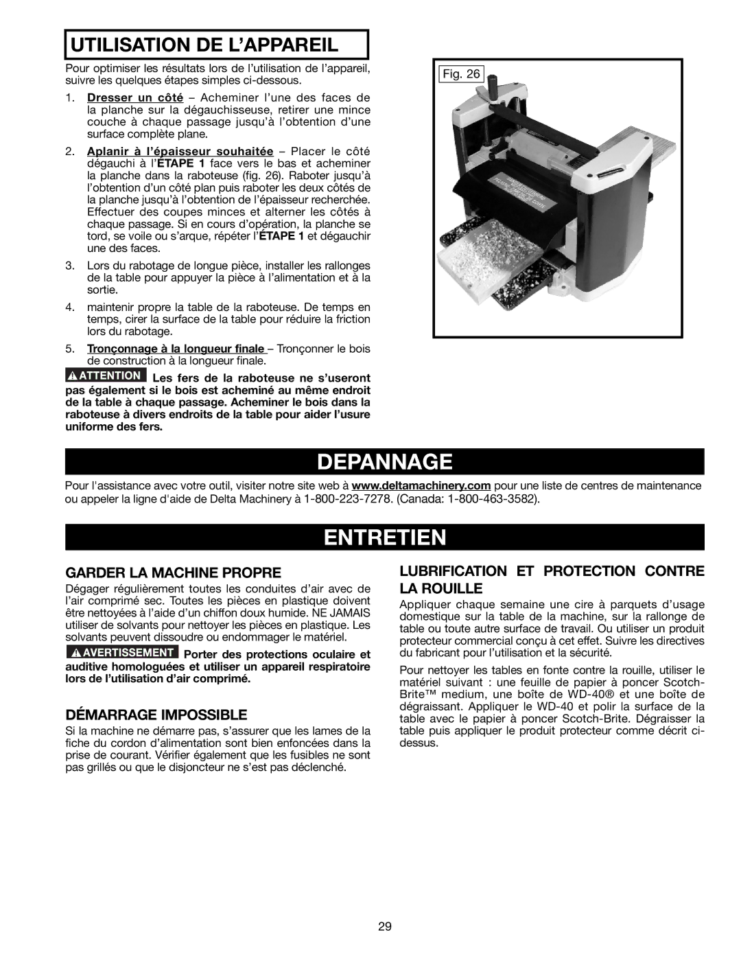 Delta TP305 instruction manual Depannage Entretien, Garder LA Machine Propre, Démarrage Impossible 