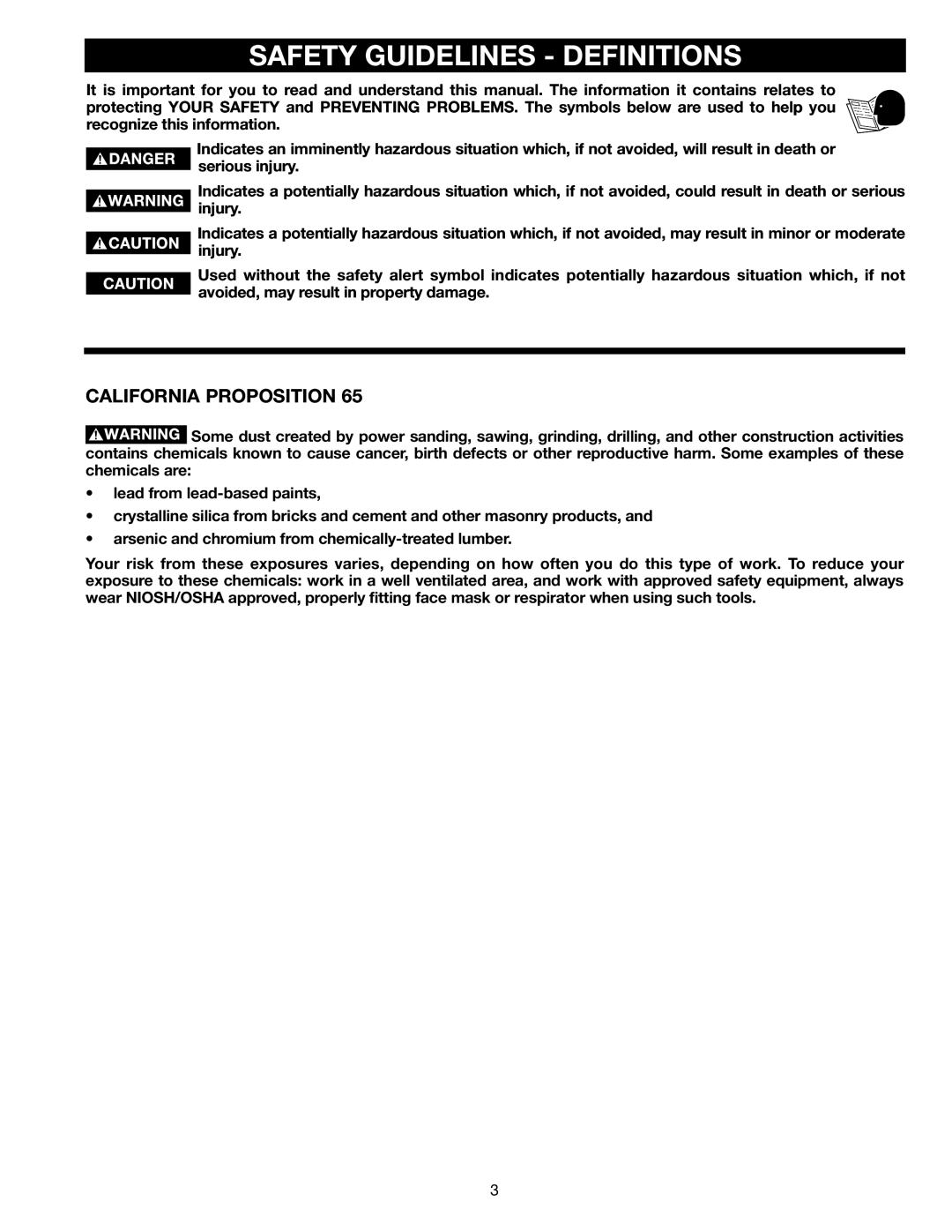 Delta TP305 instruction manual Safety Guidelines Definitions, California Proposition 