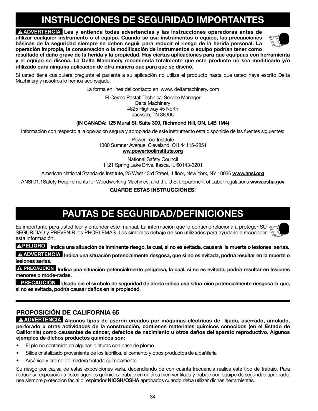 Delta TP305 Instrucciones DE Seguridad Importantes, Pautas DE SEGURIDAD/DEFINICIONES, Proposición DE California 