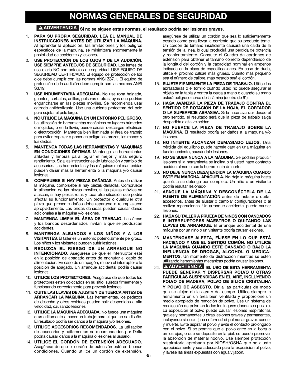 Delta TP305 instruction manual Normas Generales DE Seguridad 