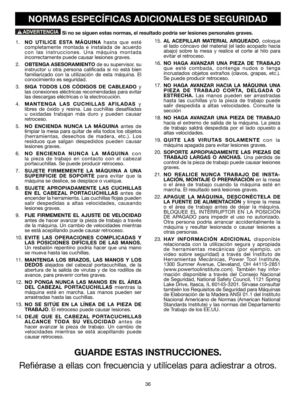 Delta TP305 instruction manual Normas Específicas Adicionales DE Seguridad, Guarde Estas Instrucciones 