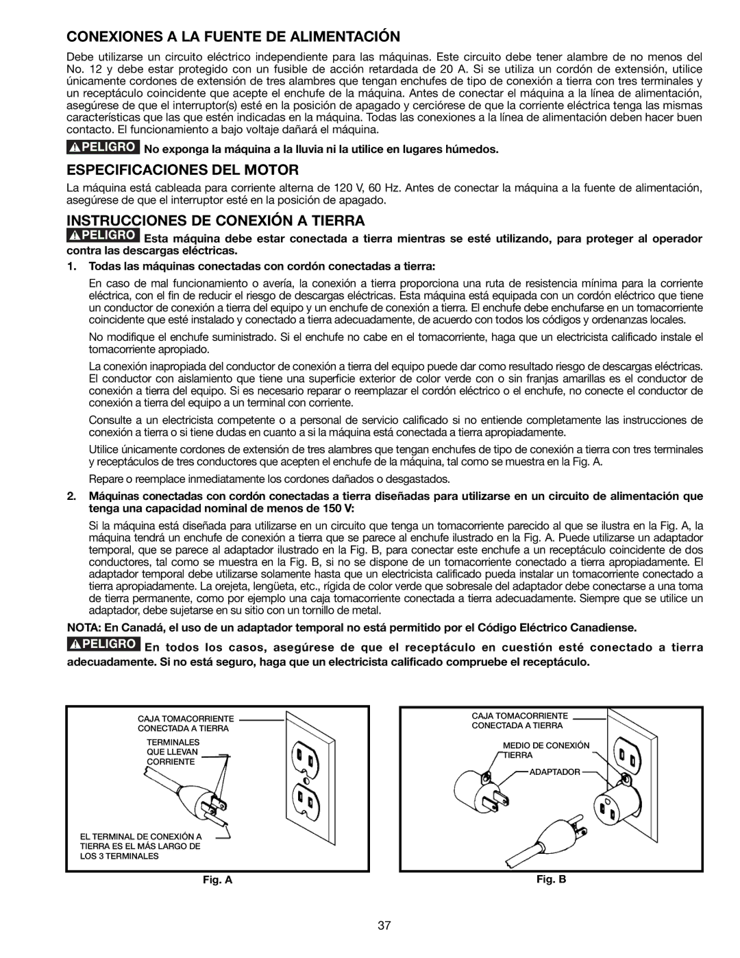 Delta TP305 Conexiones a LA Fuente DE Alimentación, Especificaciones DEL Motor, Instrucciones DE Conexión a Tierra 