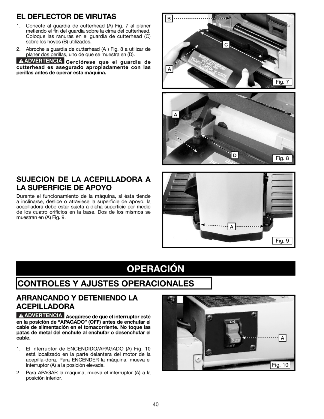 Delta TP305 instruction manual Operación, EL Deflector DE Virutas, Sujecion DE LA Acepilladora a LA Superficie DE Apoyo 