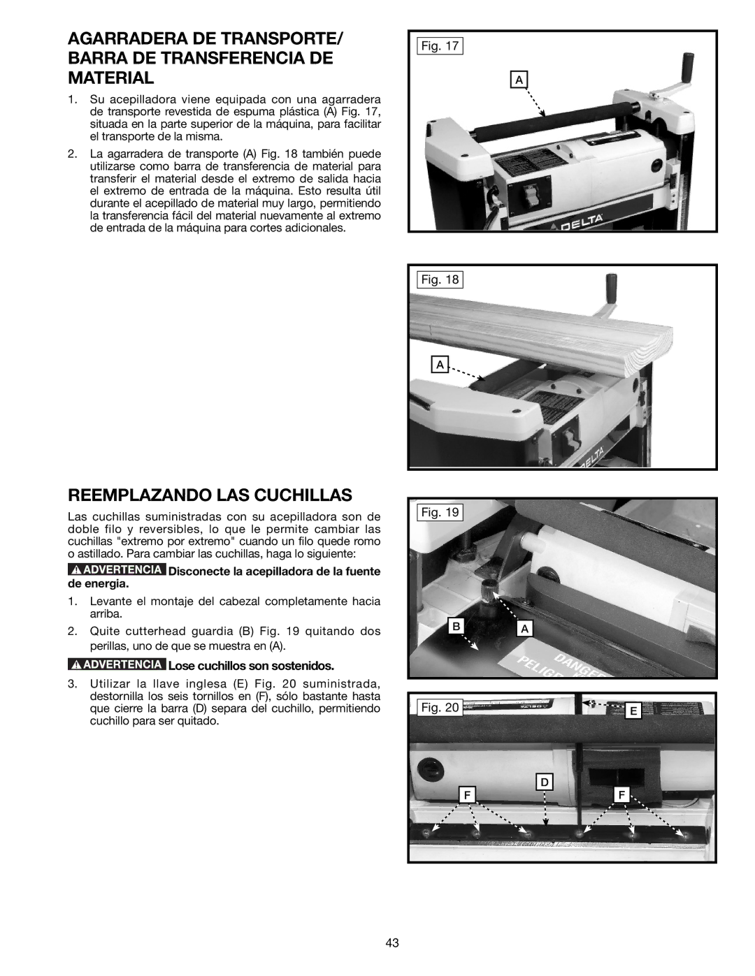 Delta TP305 instruction manual Agarradera DE TRANSPORTE/ Barra DE Transferencia DE Material, Reemplazando LAS Cuchillas 