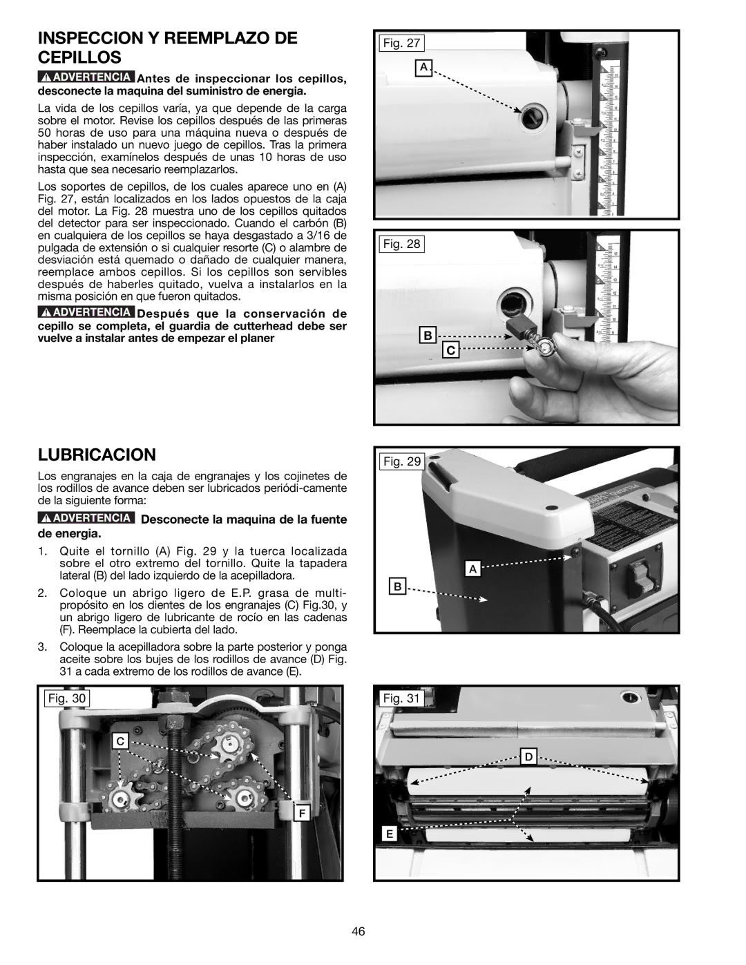 Delta TP305 instruction manual Inspeccion Y Reemplazo DE Cepillos, Lubricacion 