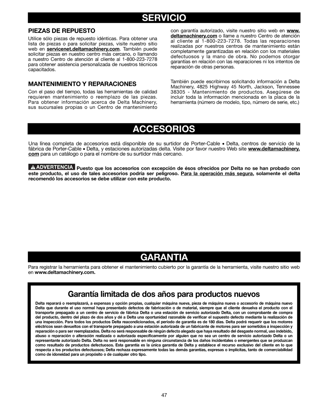 Delta TP305 instruction manual Servicio, Accesorios, Garantia, Piezas DE Repuesto, Mantenimiento Y Reparaciones 