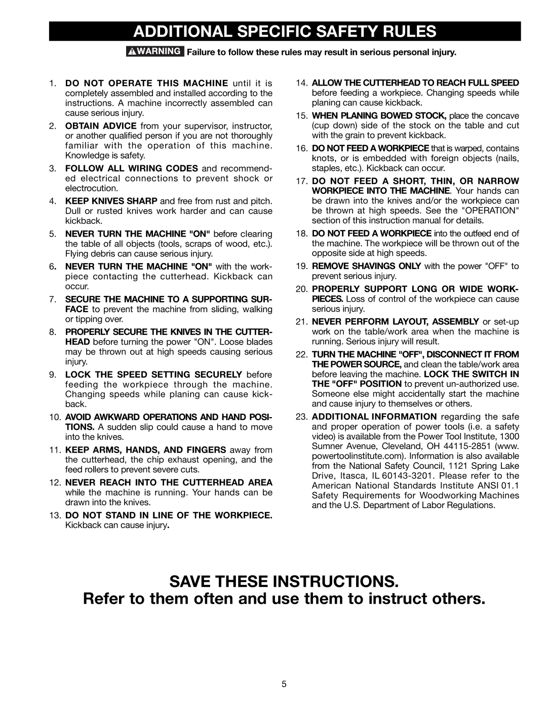 Delta TP305 instruction manual Additional Specific Safety Rules, Refer to them often and use them to instruct others 