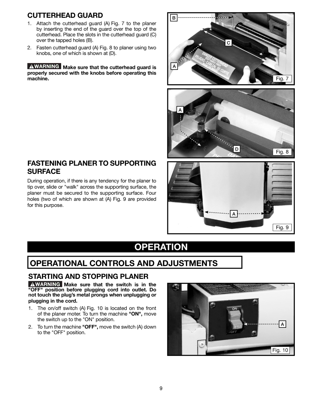 Delta TP305 Operation, Cutterhead Guard, Fastening Planer to Supporting Surface, Starting and Stopping Planer 