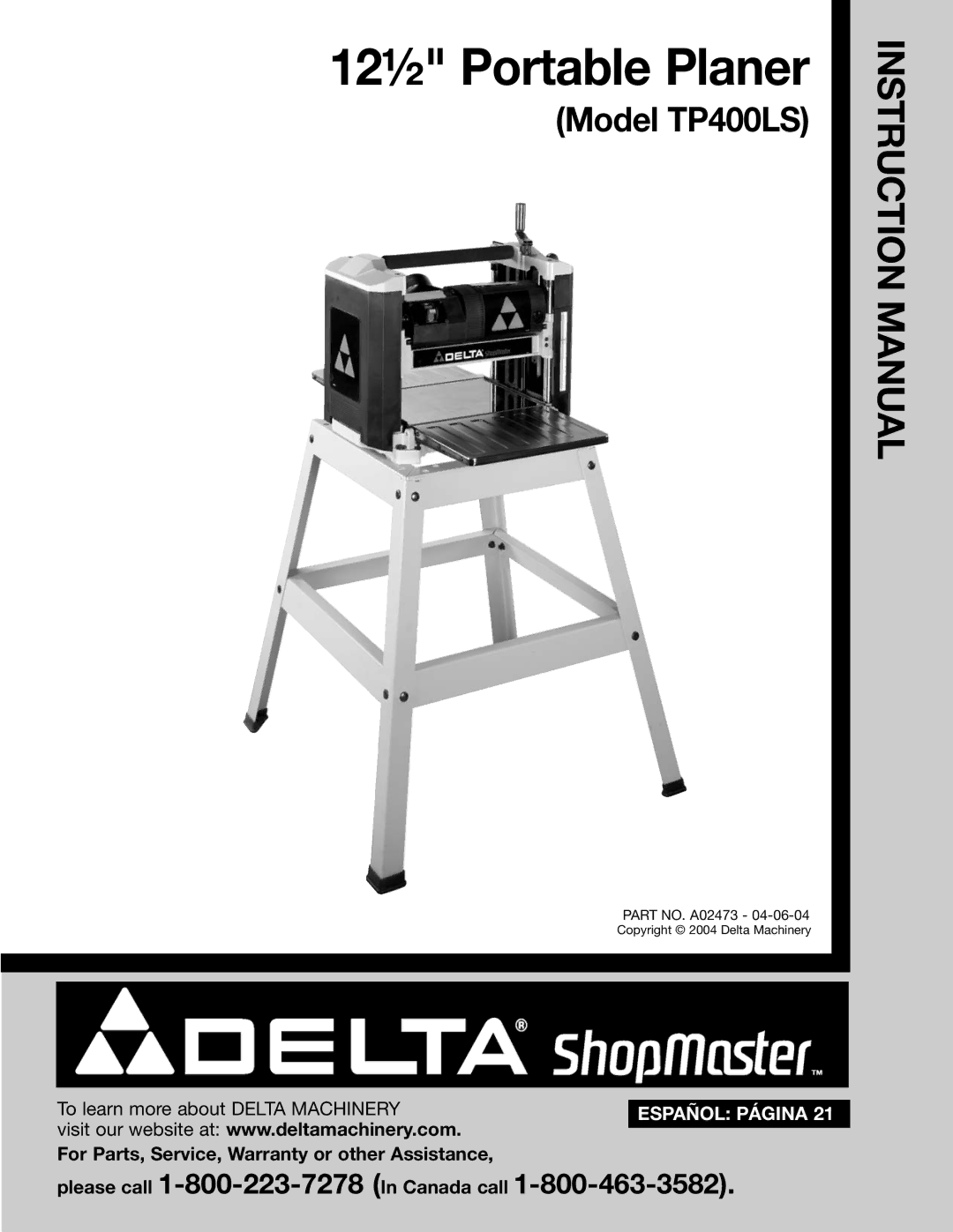 Delta TP400LS instruction manual 12½ Portable Planer 