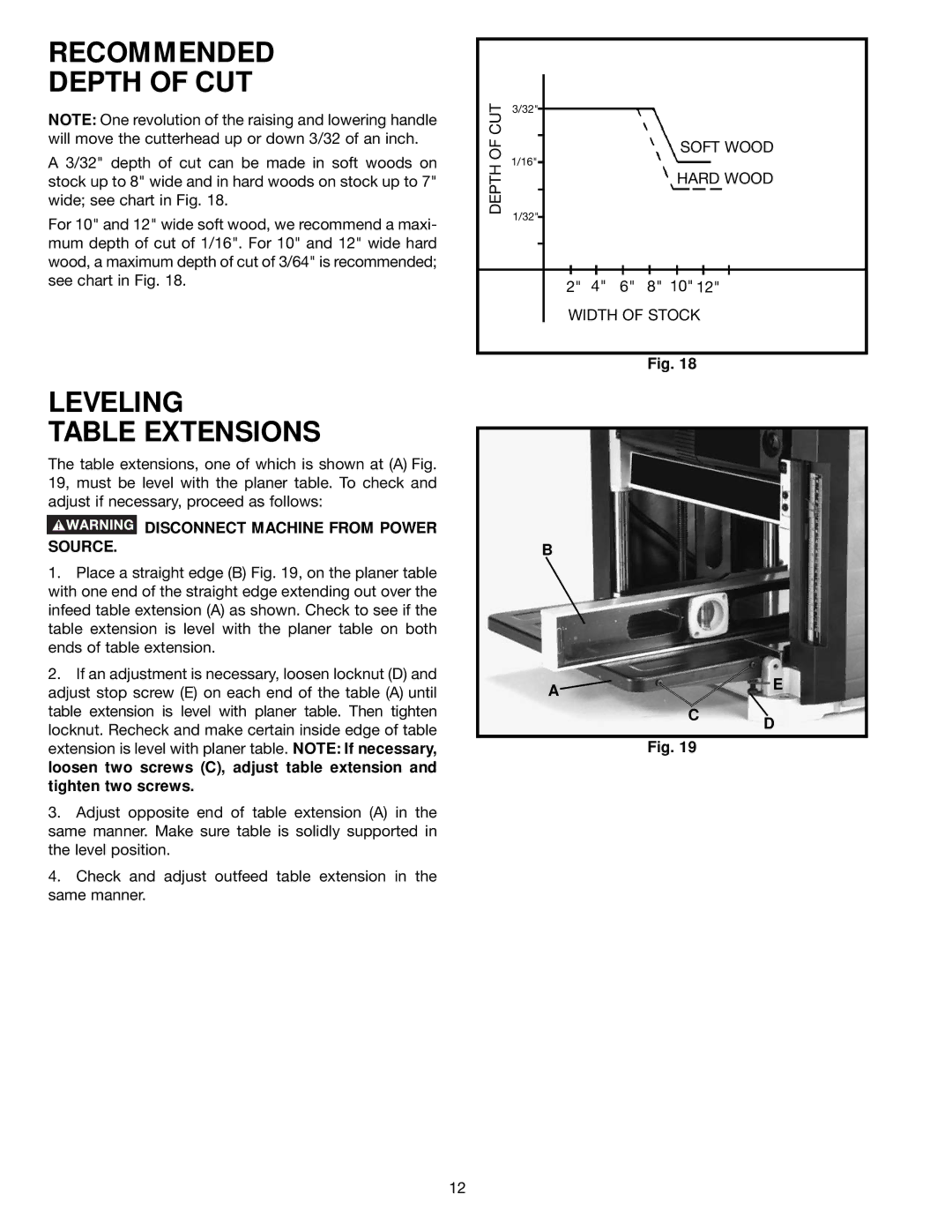 Delta TP400LS instruction manual Recommended Depth of CUT, Leveling Table Extensions, Disconnect Machine from Power Source 