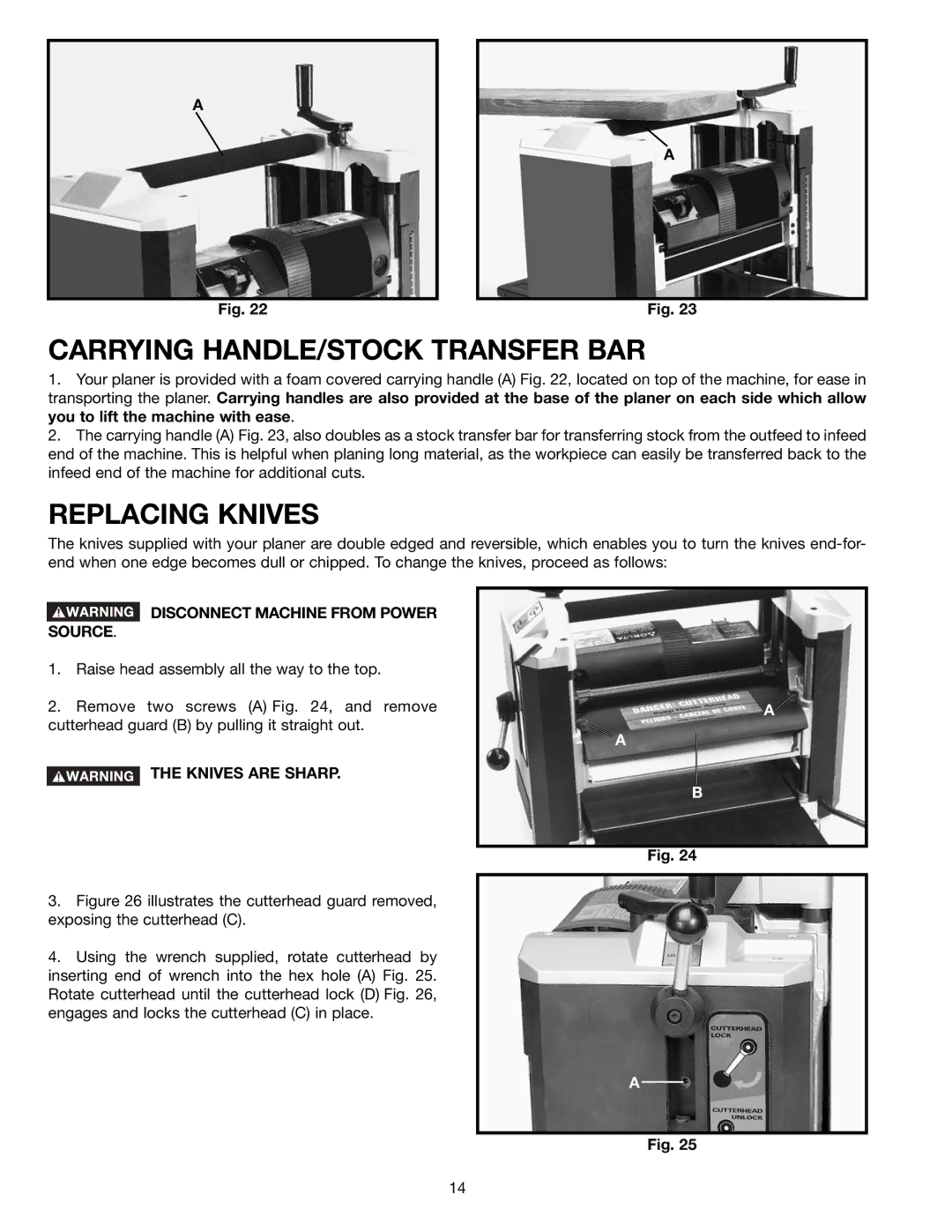 Delta TP400LS instruction manual Carrying HANDLE/STOCK Transfer BAR, Replacing Knives, Knives are Sharp 