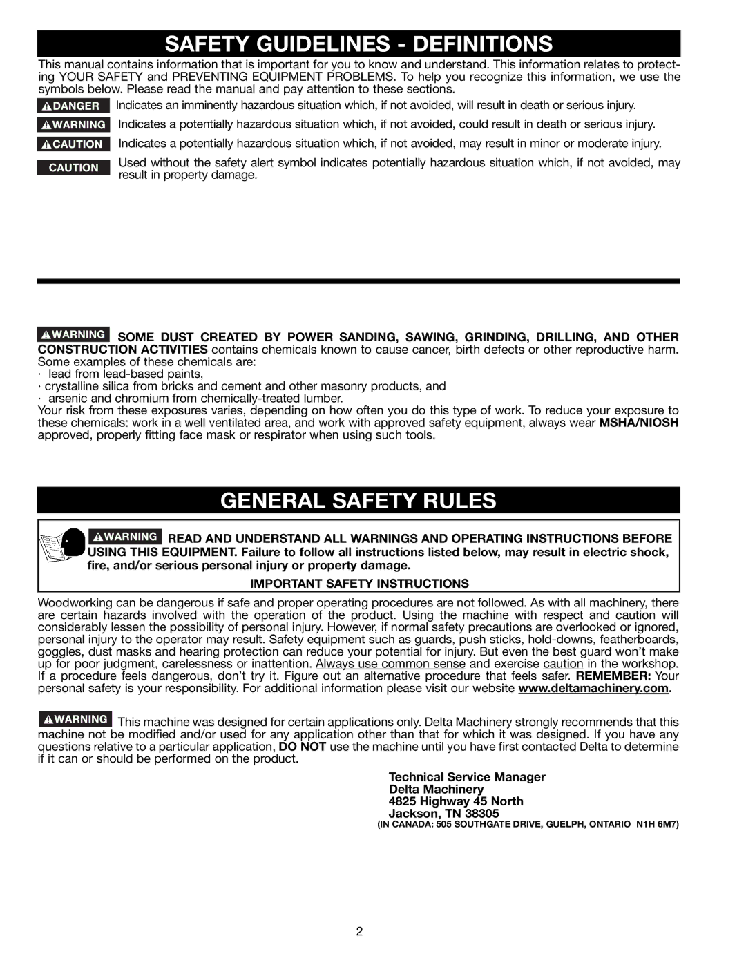 Delta TP400LS instruction manual Safety Guidelines Definitions, General Safety Rules, Important Safety Instructions 