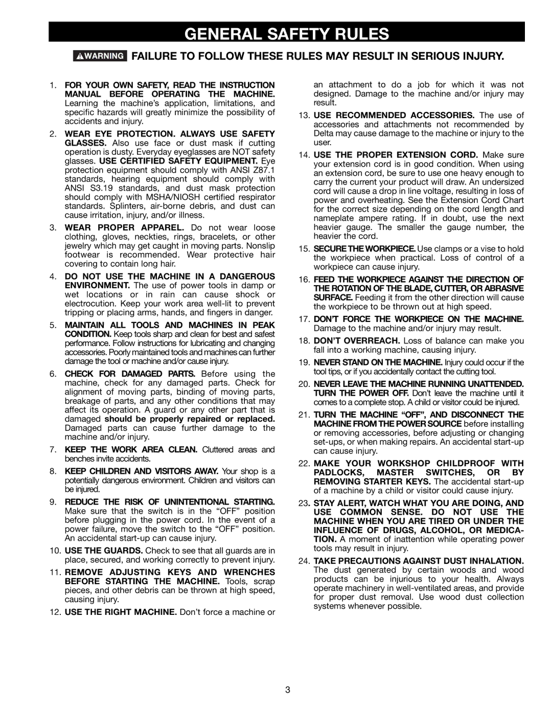 Delta TP400LS Failure to Follow These Rules MAY Result in Serious Injury, Stay ALERT, Watch What YOU are DOING 