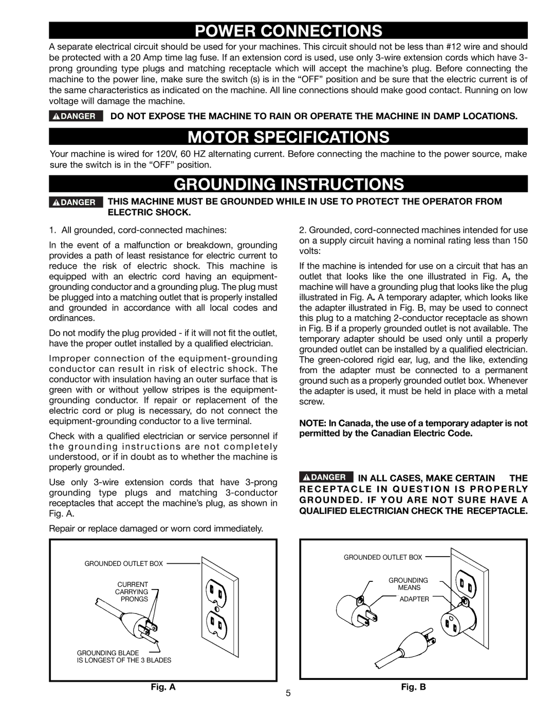 Delta TP400LS instruction manual Power Connections, Motor Specifications, Grounding Instructions 