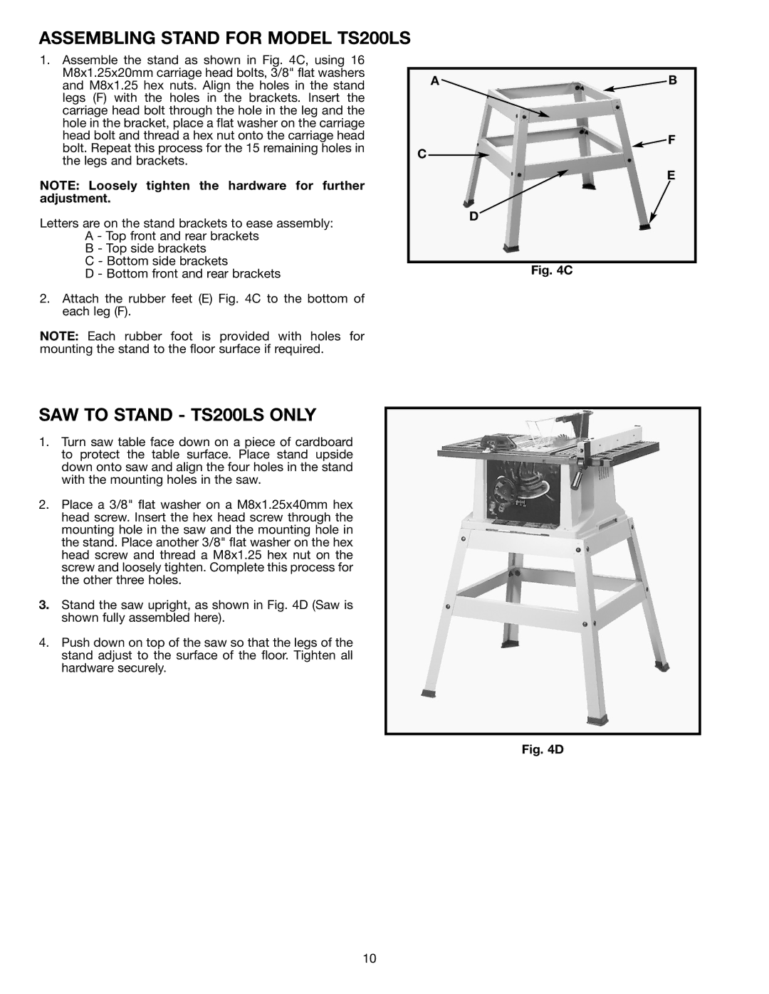 Delta ts200ls instruction manual Assembling Stand for Model TS200LS, SAW to Stand TS200LS only 