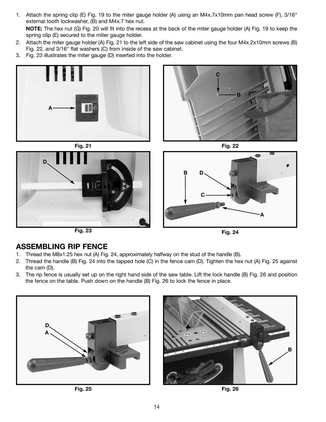 Delta ts200ls, TS200 instruction manual Assembling RIP Fence, Illustrates the miter gauge D inserted into the holder 