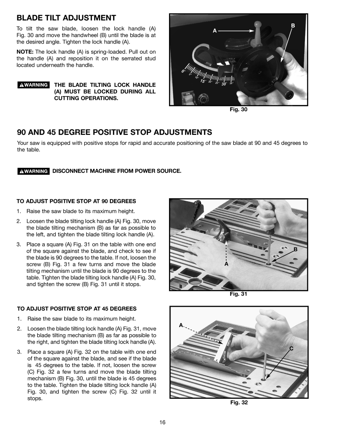 Delta ts200ls, TS200 Blade Tilt Adjustment, Degree Positive Stop Adjustments, To Adjust Positive Stop AT 45 Degrees 