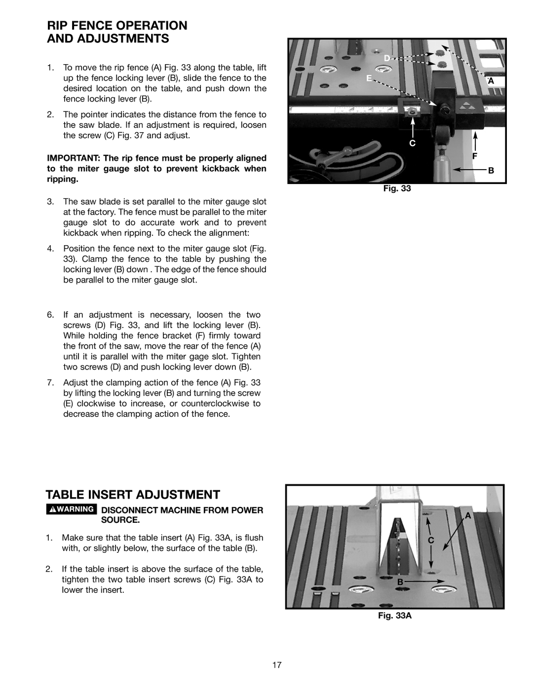 Delta TS200, ts200ls instruction manual RIP Fence Operation Adjustments, Table Insert Adjustment 