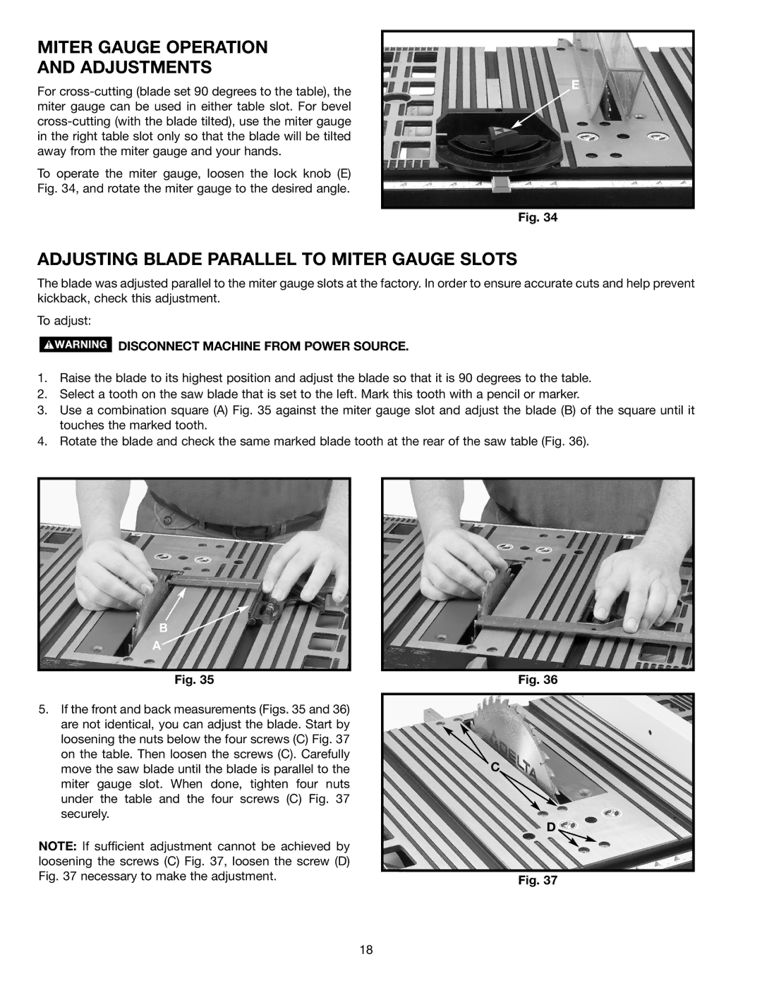 Delta ts200ls, TS200 instruction manual Miter Gauge Operation Adjustments, Adjusting Blade Parallel to Miter Gauge Slots 