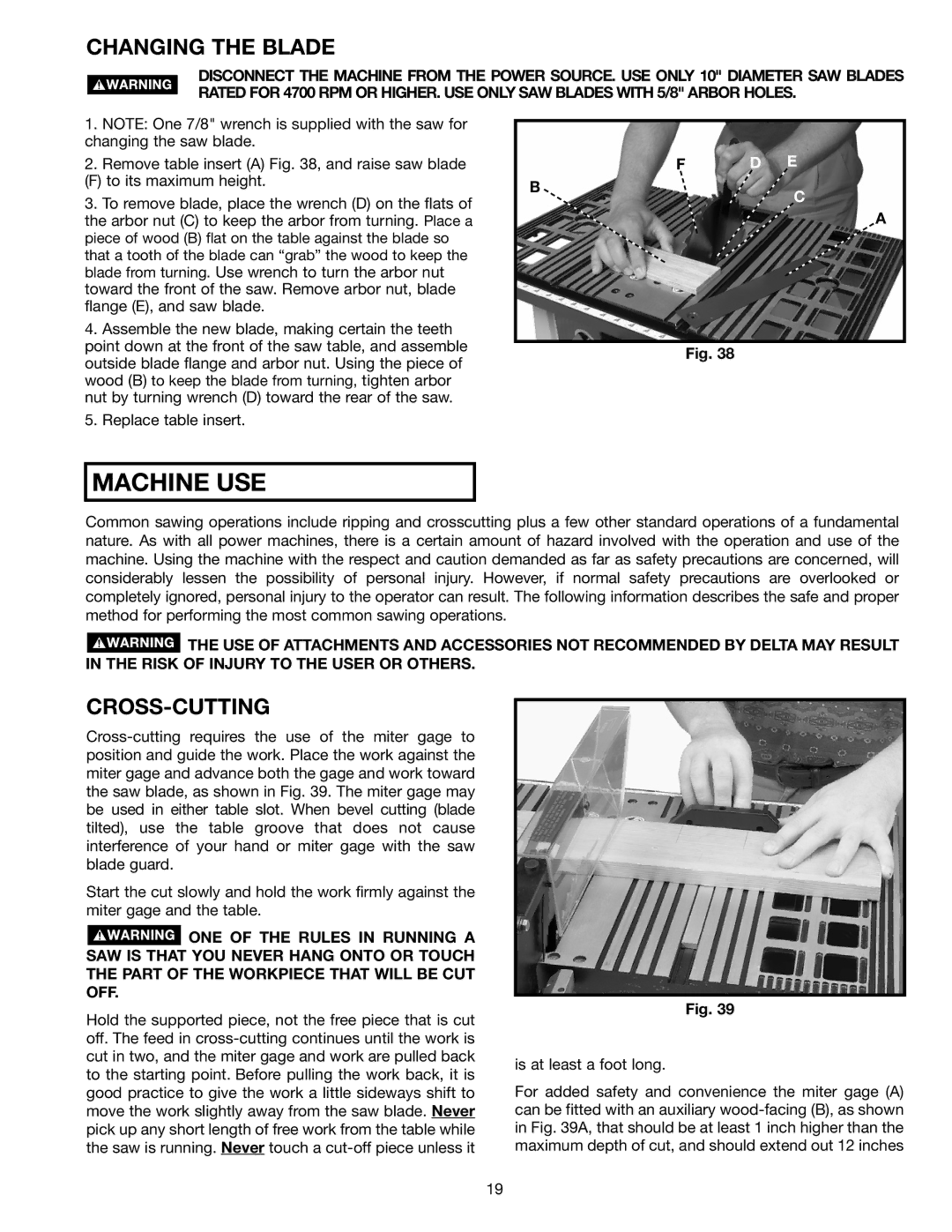 Delta TS200, ts200ls instruction manual Changing the Blade, Cross-Cutting 