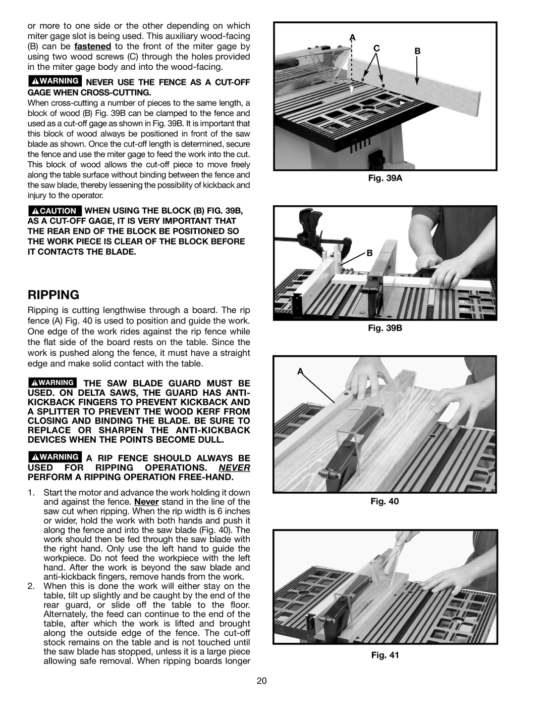 Delta ts200ls, TS200 instruction manual Ripping, Never USE the Fence AS a CUT-OFF Gage When CROSS-CUTTING 