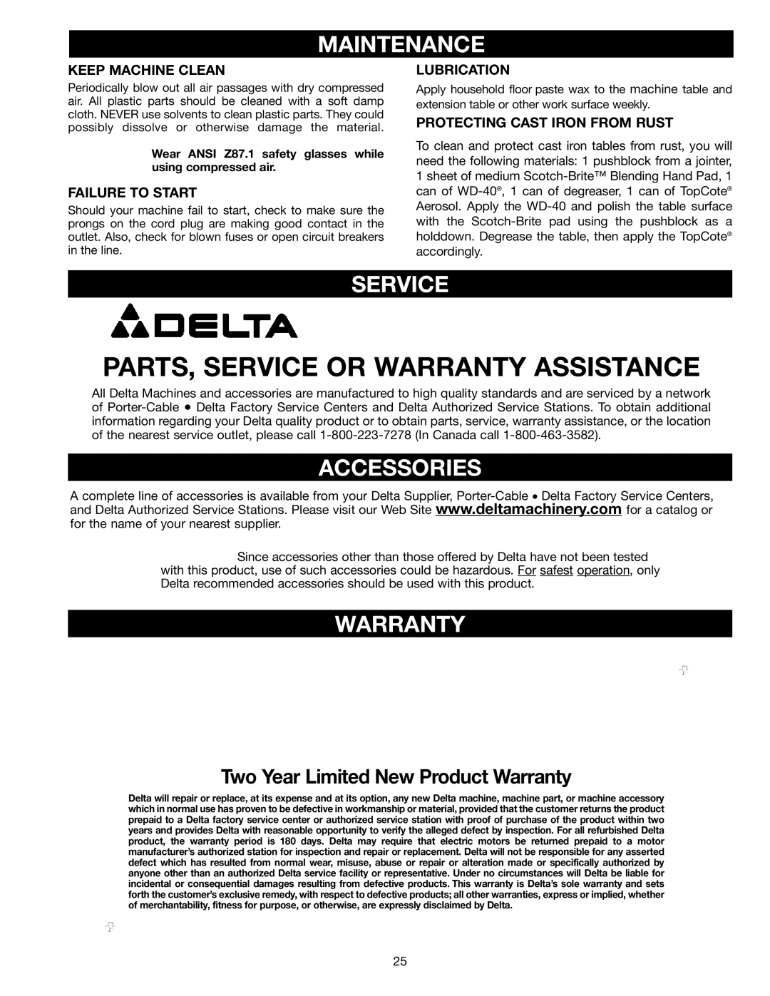 Delta TS200, ts200ls instruction manual Maintenance, Service, Accessories, Warranty 