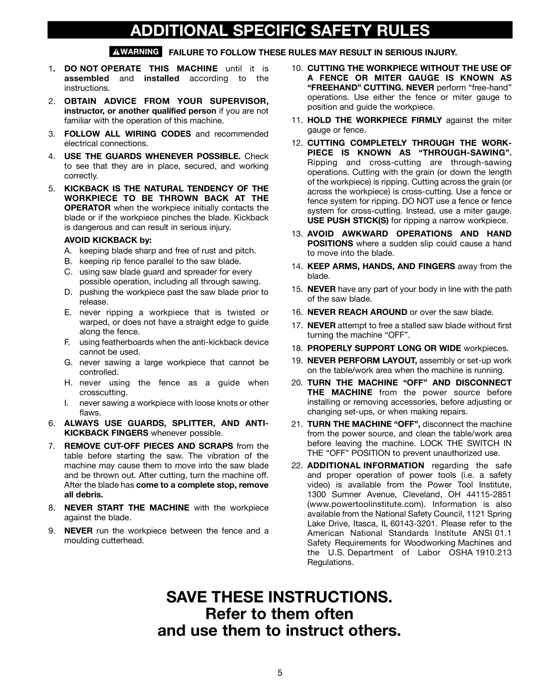 Delta TS200, ts200ls Additional Specific Safety Rules, Failure to Follow These Rules MAY Result in Serious Injury 