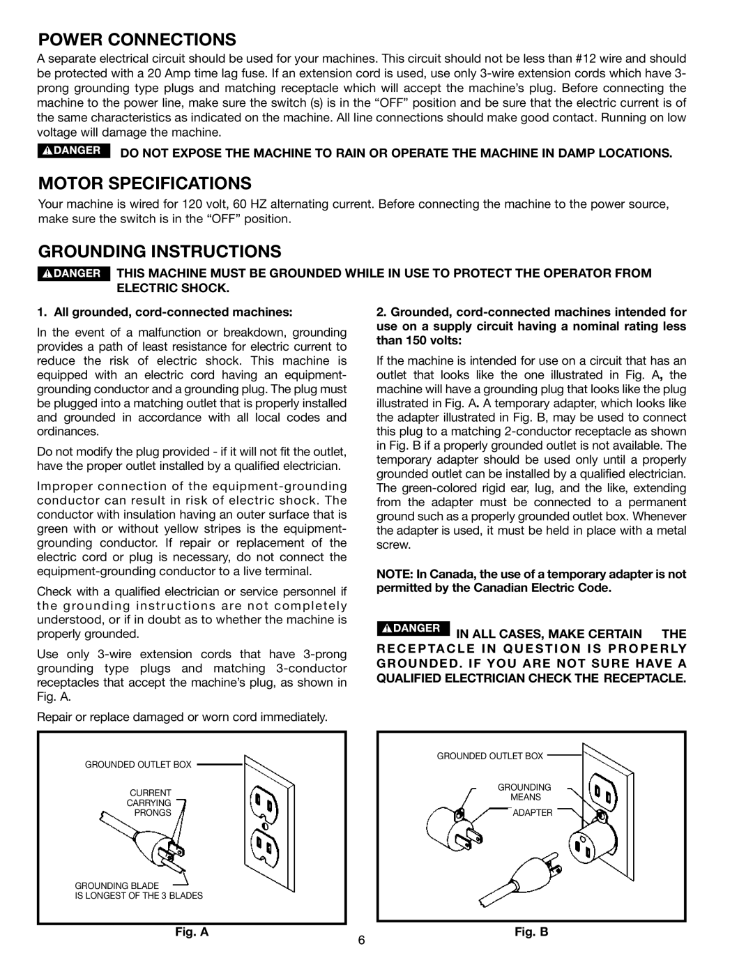 Delta ts200ls, TS200 instruction manual Power Connections, Motor Specifications, Grounding Instructions 