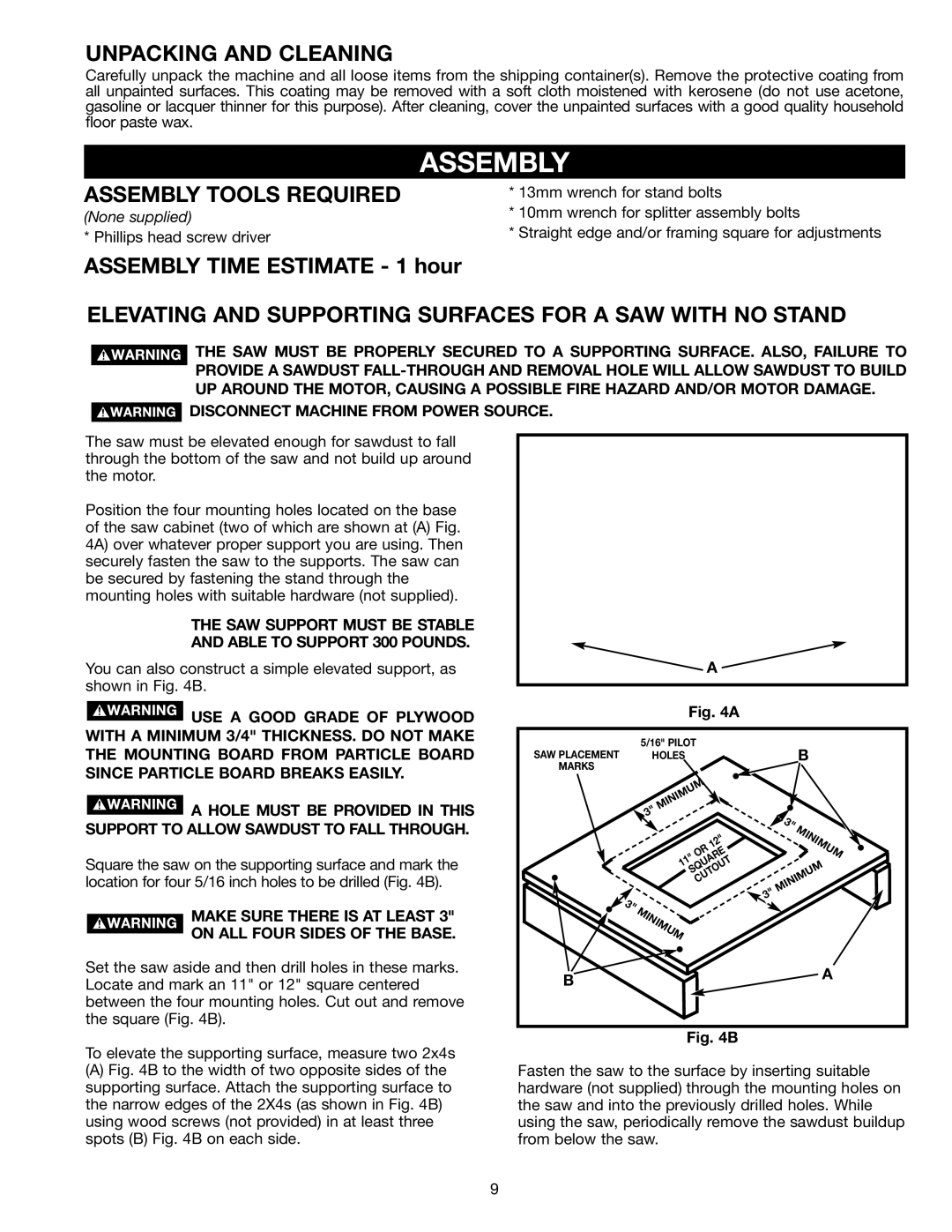 Delta TS200 Unpacking and Cleaning, Assembly Tools Required, Elevating and Supporting Surfaces for a SAW with no Stand 