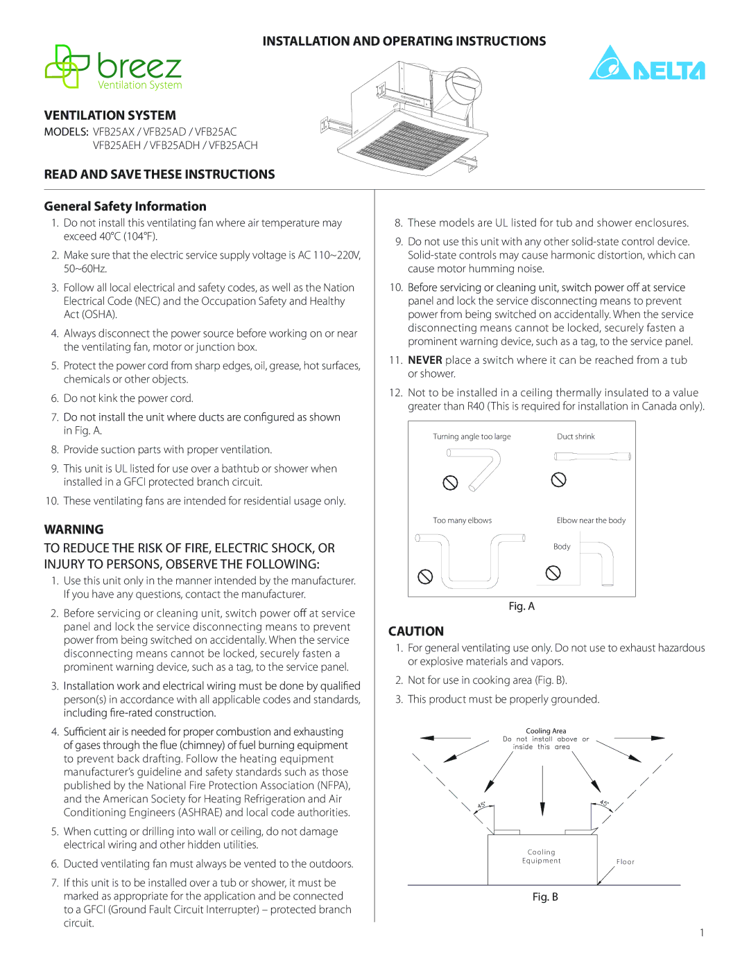 Delta VFB25ACH manual Installation and Operating Instructions Ventilation System, Read and Save These Instructions 