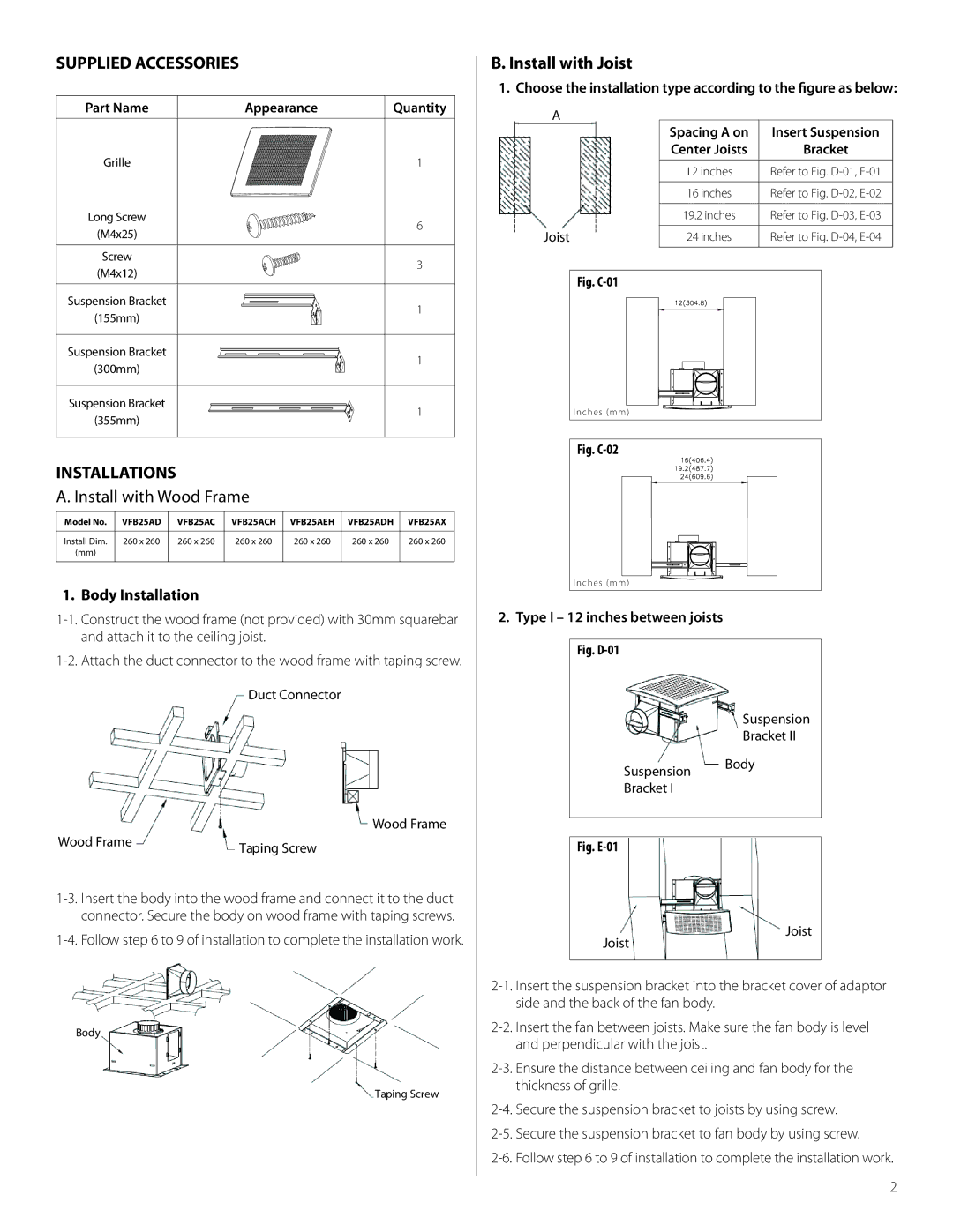 Delta VFB25AX, VFB25ACH, VFB25ADH, VFB25AEH manual Supplied Accessories, Install with Joist, Body Installation 