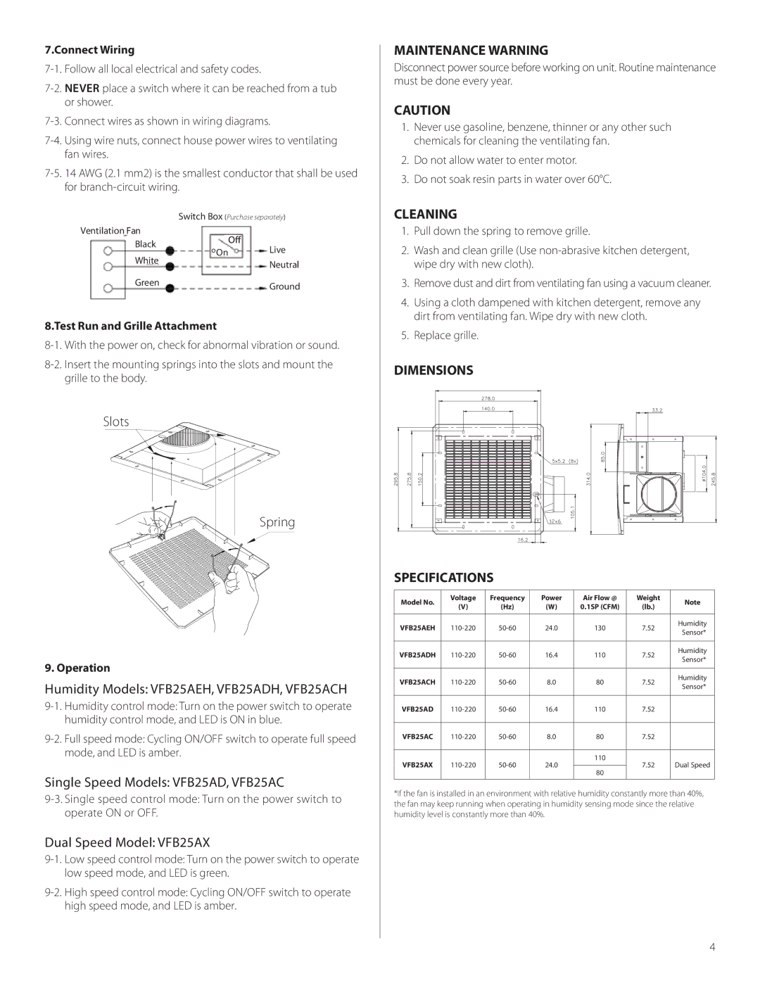 Delta VFB25ADH, VFB25AX, VFB25ACH, VFB25AEH manual Maintenance Warning 