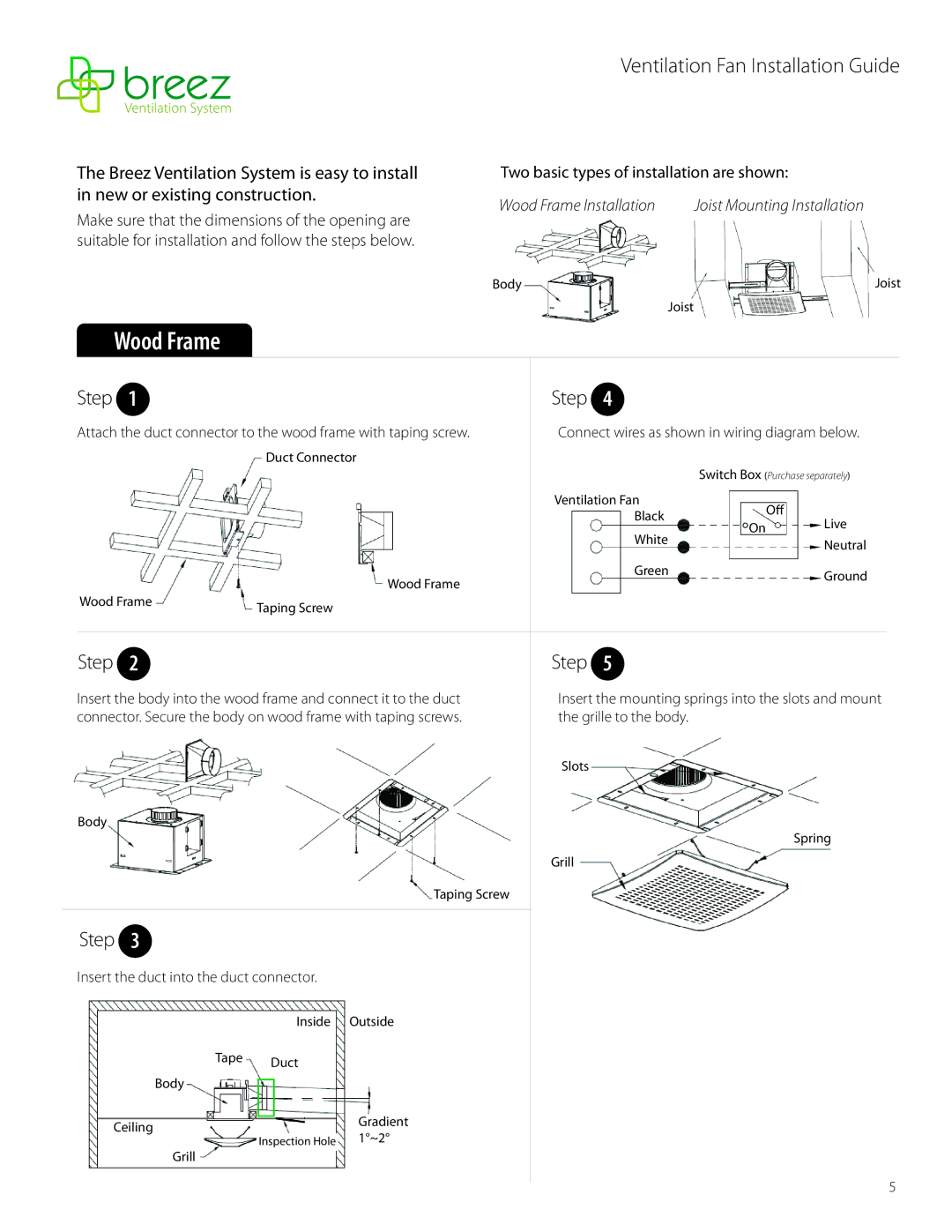 Delta VFB25AEH, VFB25AX, VFB25ACH, VFB25ADH manual Wood Frame, Ventilation Fan Installation Guide 