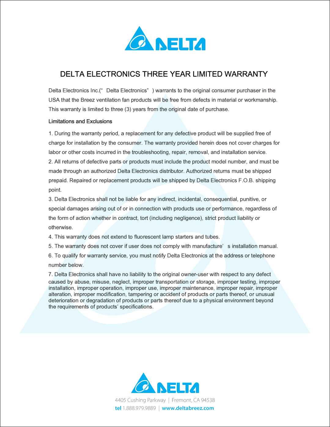 Delta VFB25ACH, VFB25AX, VFB25ADH, VFB25AEH manual Delta Electronics Three Year Limited Warranty 