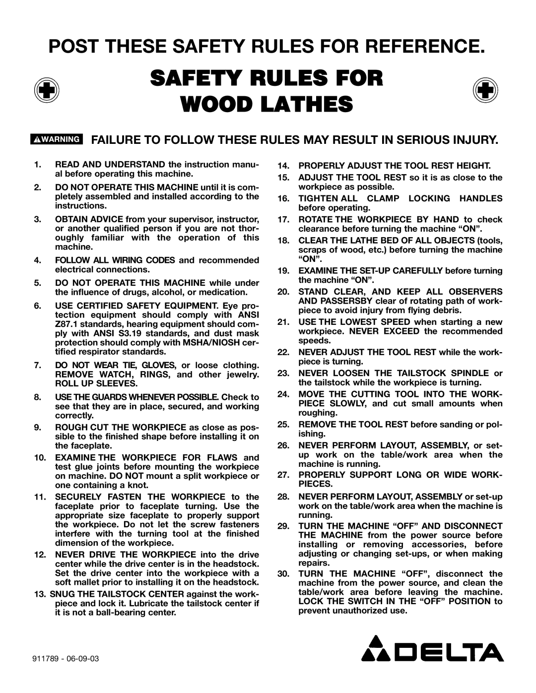 Delta instruction manual Safety Rules for Wood Lathes, Failure to Follow These Rules MAY Result in Serious Injury 