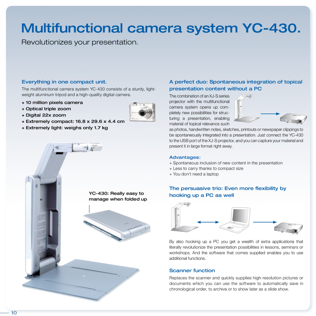 Delta XJ-S41 manual Multifunctional camera system YC-430, Revolutionizes your presentation, Everything in one compact unit 