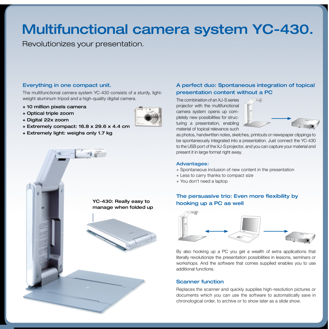 Delta XJ-S41 manual Multifunctional camera system YC-430, Revolutionizes your presentation, Everything in one compact unit 