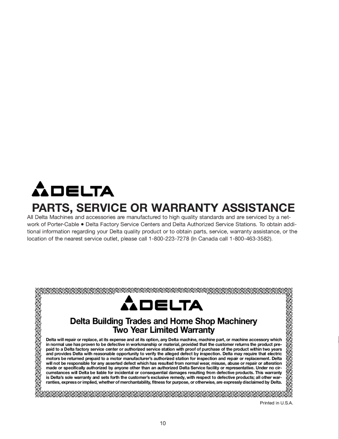 Deltaco 50-868 instruction manual PARTS, Service or Warranty Assistance 