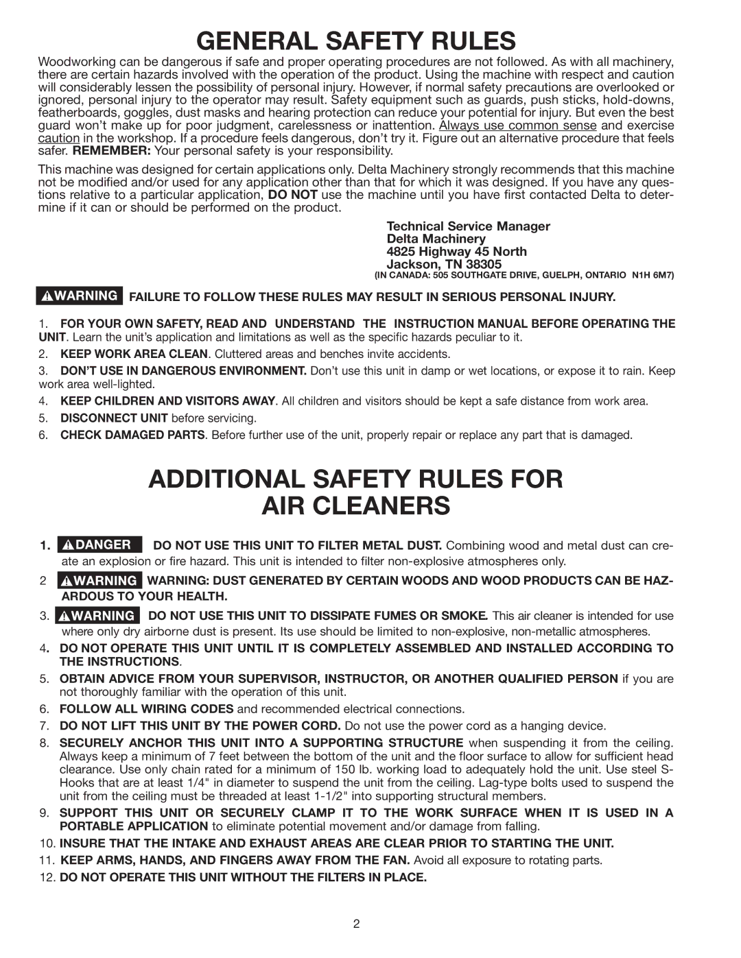 Deltaco 50-868 instruction manual General Safety Rules, Additional Safety Rules for AIR Cleaners 