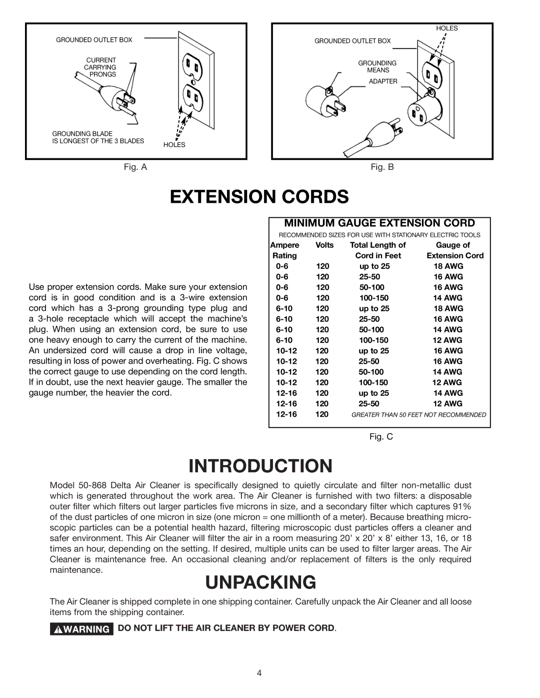 Deltaco 50-868 instruction manual Extension Cords, Introduction, Unpacking 