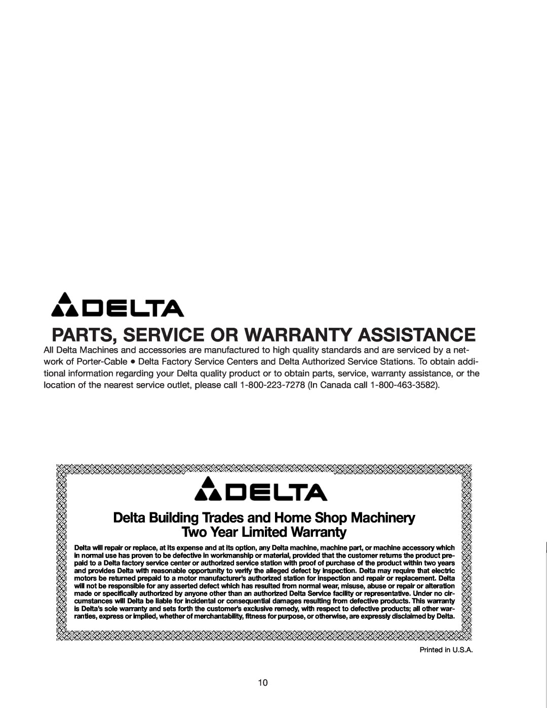 Deltaco 50-868 instruction manual Parts, Service Or Warranty Assistance, Delta Building Trades and Home Shop Machinery 