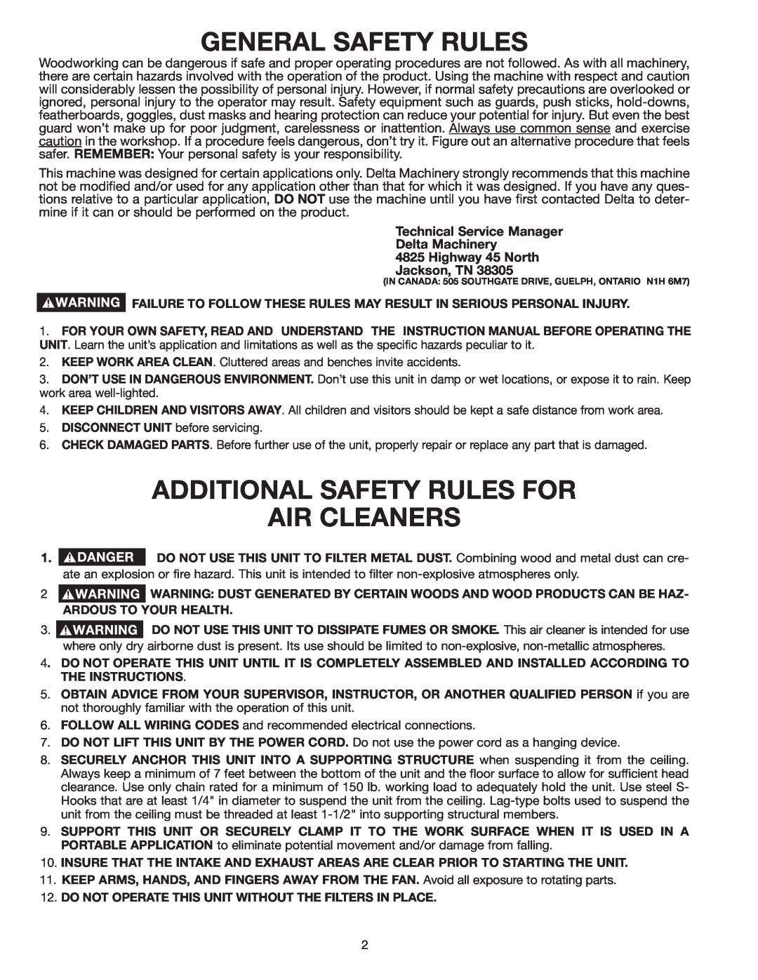 Deltaco 50-868 General Safety Rules, Additional Safety Rules For Air Cleaners, Technical Service Manager Delta Machinery 