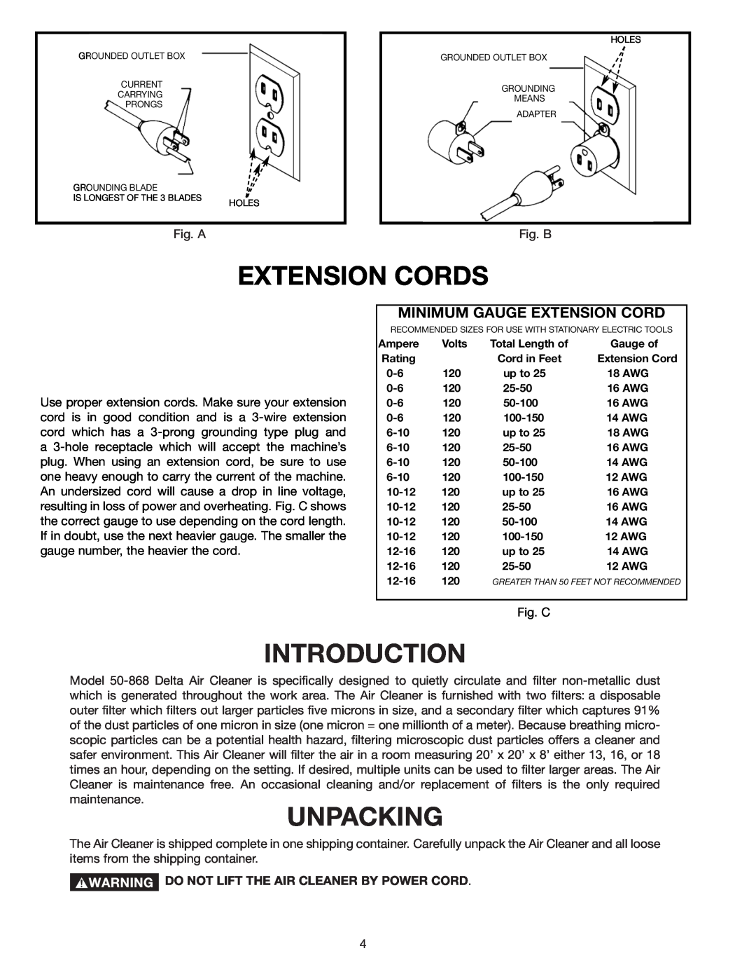 Deltaco 50-868 instruction manual Extension Cords, Introduction, Unpacking, Minimum Gauge Extension Cord 